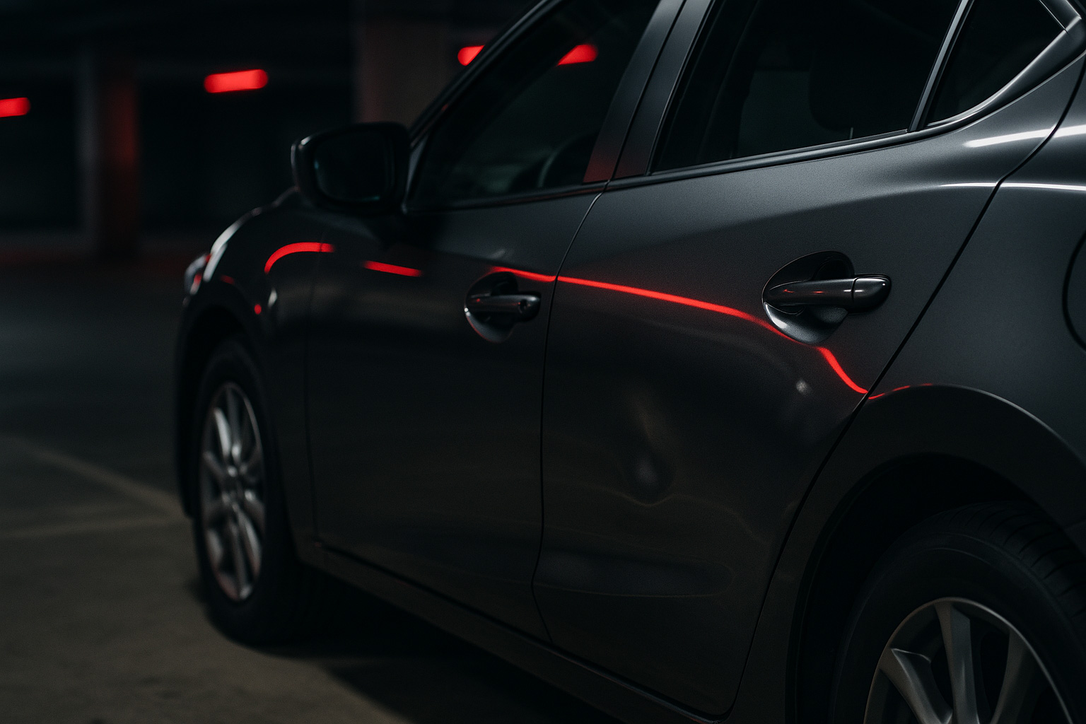 Smart Repair bei Leasingfahrzeug im Raum Freising – kleine Delle an der Fahrzeugtür im Parkhaus