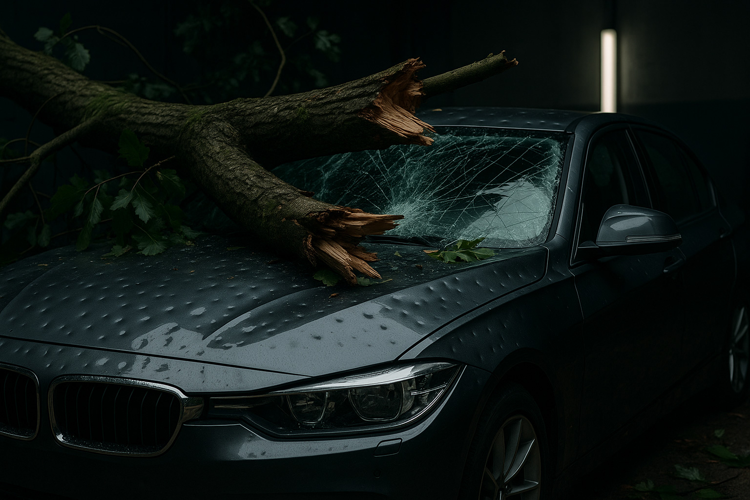 Hagelschaden und Sturmschaden am Fahrzeug im Raum Freising – beschädigte Windschutzscheibe nach Unwetter